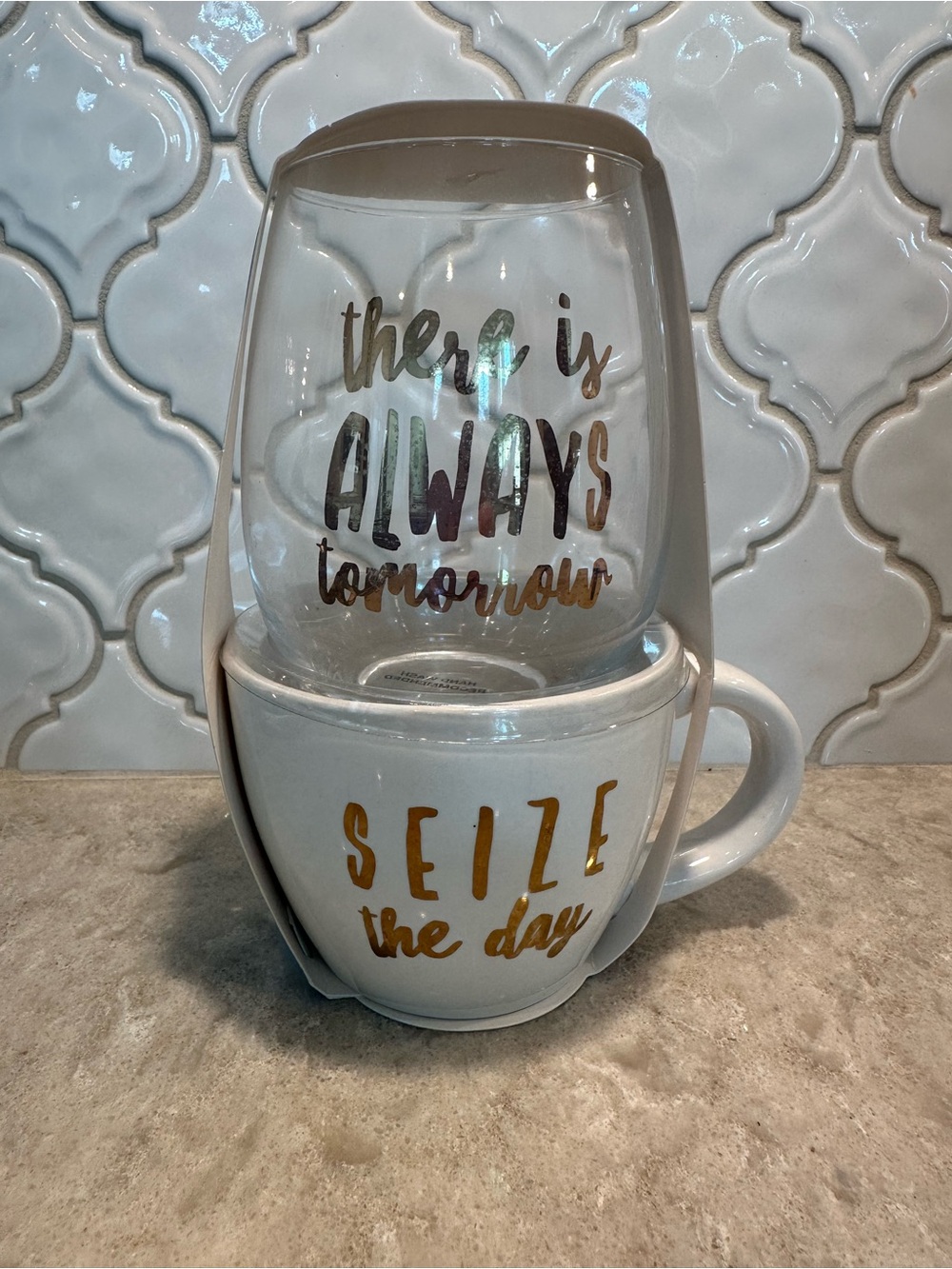 White Ceramic Mug & Glass Set with Gold Lettering - NWT